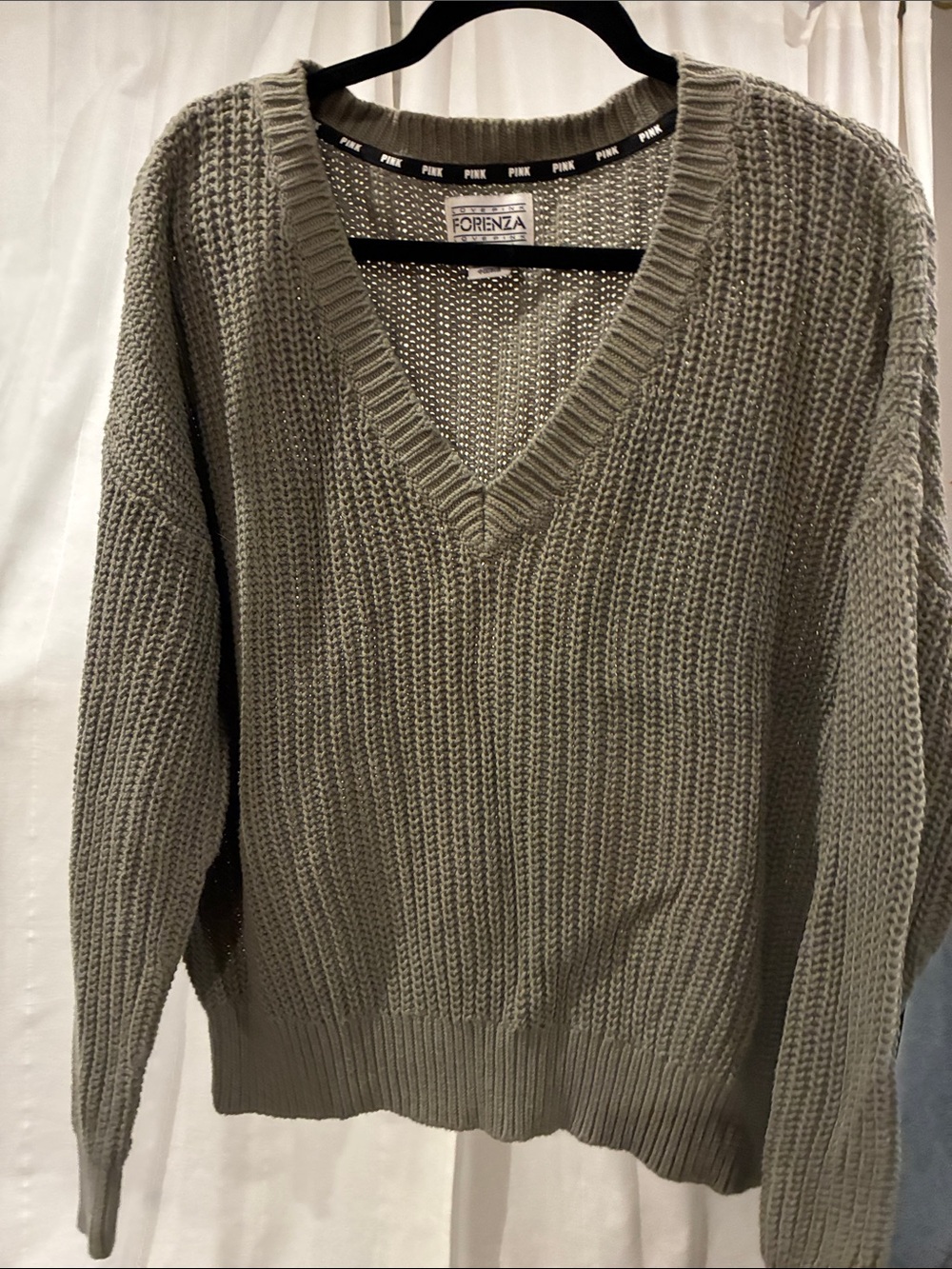 V-Neck Knit Sweater - Olive Green